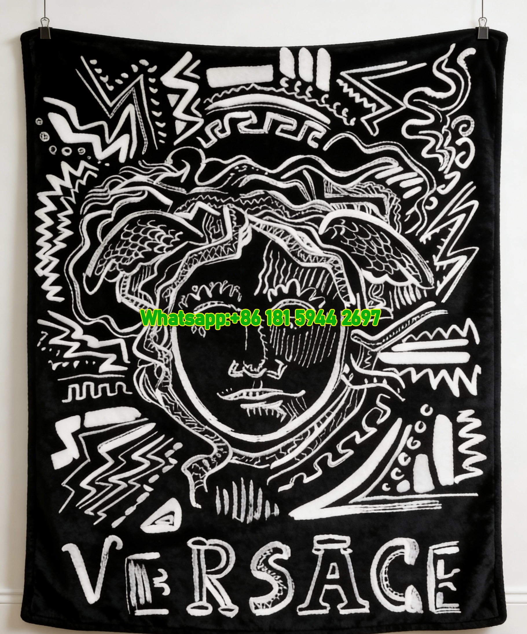 Versace Black White Doodle Medusa Greek Key Print Flannel Sofa Throw Blanket IMG_1418